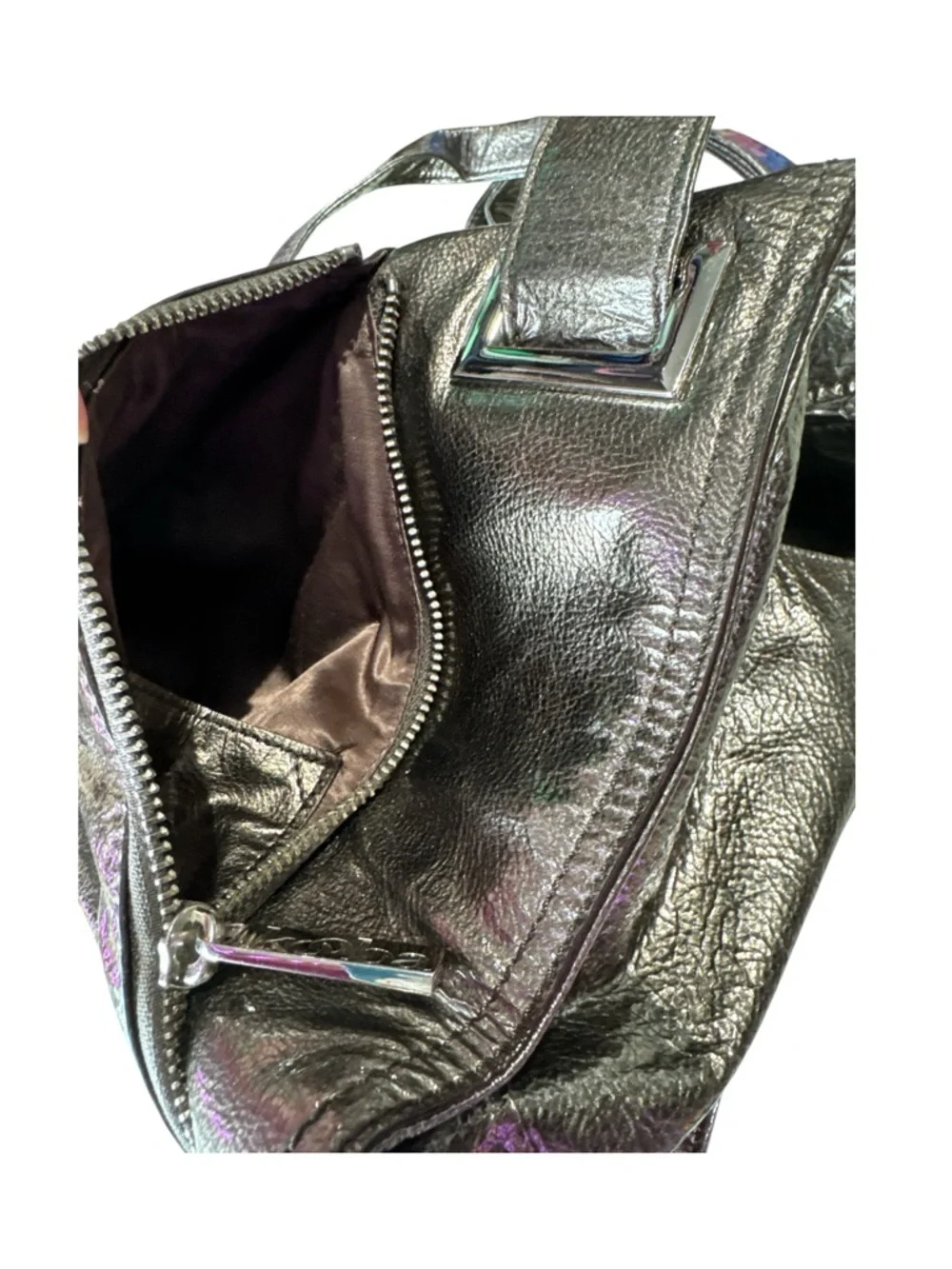 Kooba Metallic Bronze Double Strap Top Zip & Front Zipped Pockets Shoulder Bag